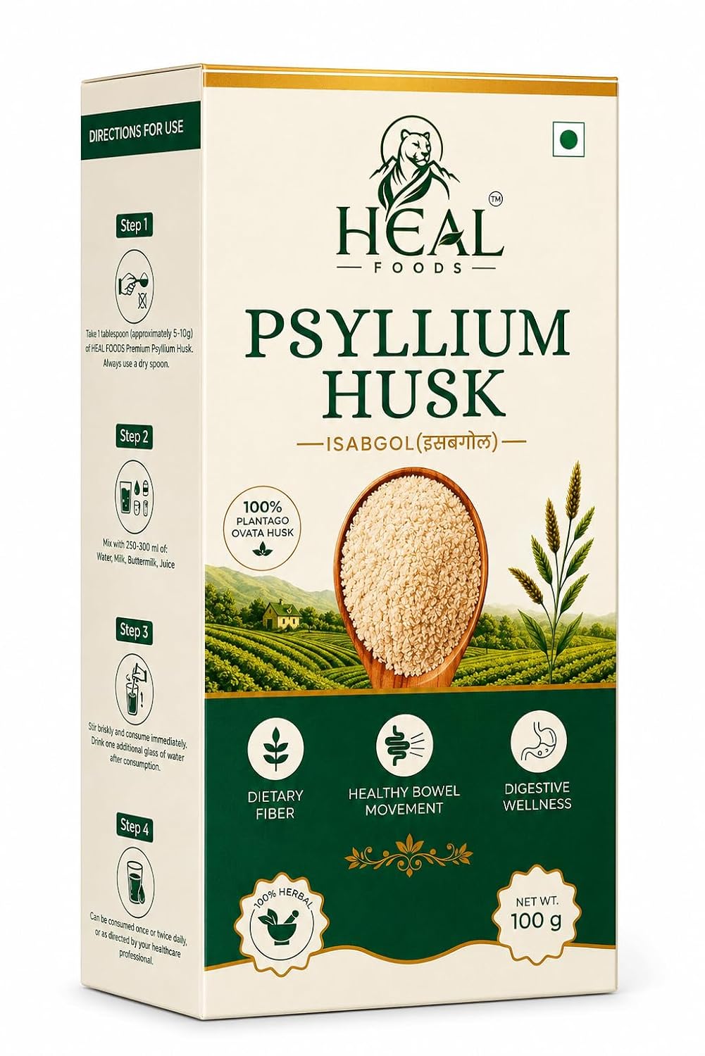 HEAL FOODS Psyllium Husk Isabgol 100g pack, front view